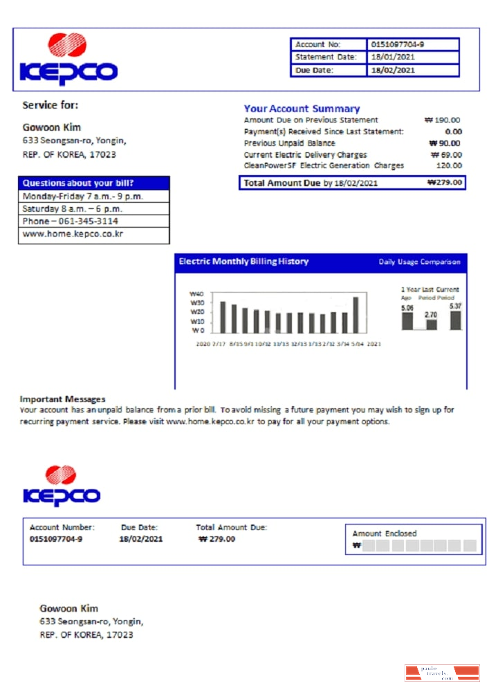 South Korea Electric Power Corporation electricity utility bill template in Word and PDF format